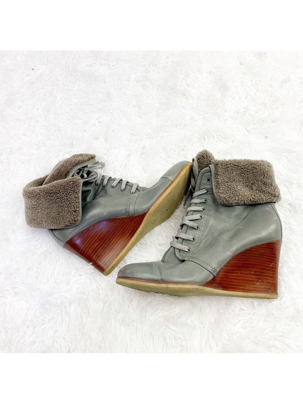 Barbara Bui Shearling Foldover Lace Up Leather Wedge Booties - Picture 4 of 8